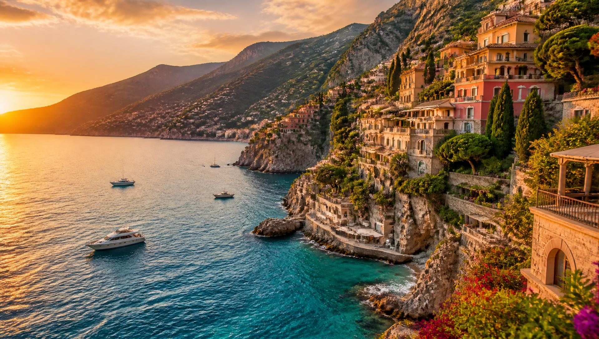 European coastal village with cliffside villas above a turquoise sea
